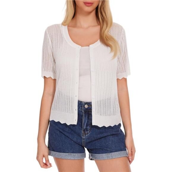 Women's Short Sleeve Summer Hollow Out Crew Neck Button Down Cardigan Sweater - Picture 1 of 7